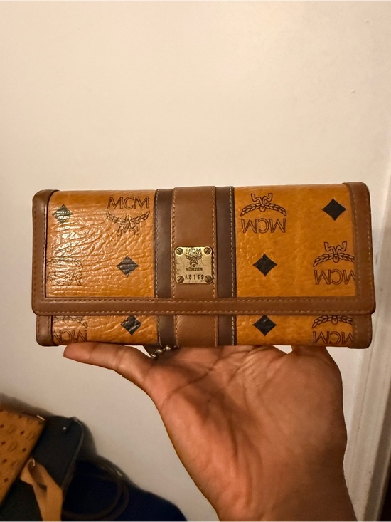 MCM Handbags - MCM Visetos Trifold Wallet in Cognac Brown with Dark Brown Trim